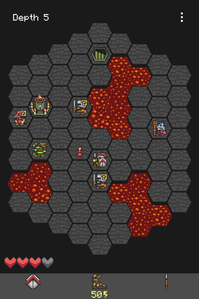 Schermata di gioco di Hoplite: un guerriero in un dungeon a esagoni a turni